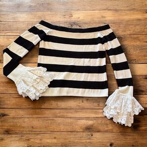 English Factory Striped Off Shoulder Top XS Black White Lace Bell Sleeve